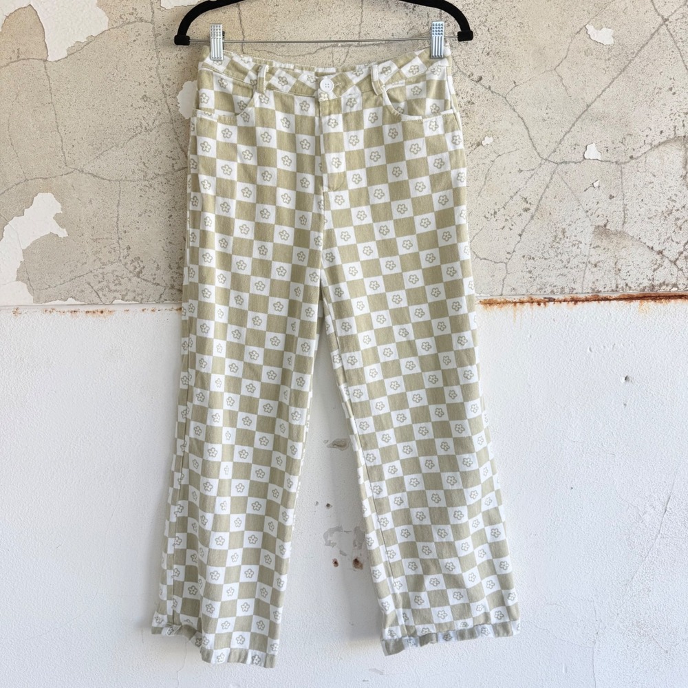 Checkered Floral Pants 90s Fit Denim Cropped Jeans Brown Cream Womens M Cider